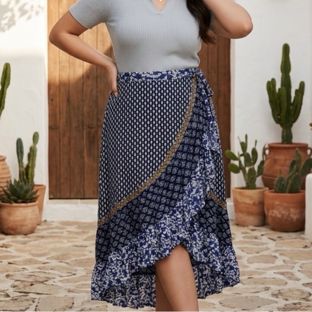 Asymmetrical Ikat Faux Wrap Midi Skirt Boho Summer Size Large or XL